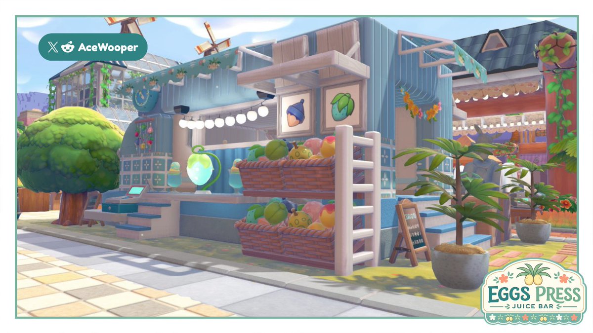 AceWooper's tweet photo. Eggs Press Juice Bar 🥥🍹
Added a mobile juice bar to my Bleak Beach Plaza to bring it to life. 🌴 Inspired by Café Nouveau, but pushed into a tropical coastal vibe
Big inspiration from @pokopokemokapo on the truck design.
#Pokemon #PokemonPokopia #Pokopia #Pokopiabuild https://t.co/NSUasQfKpX