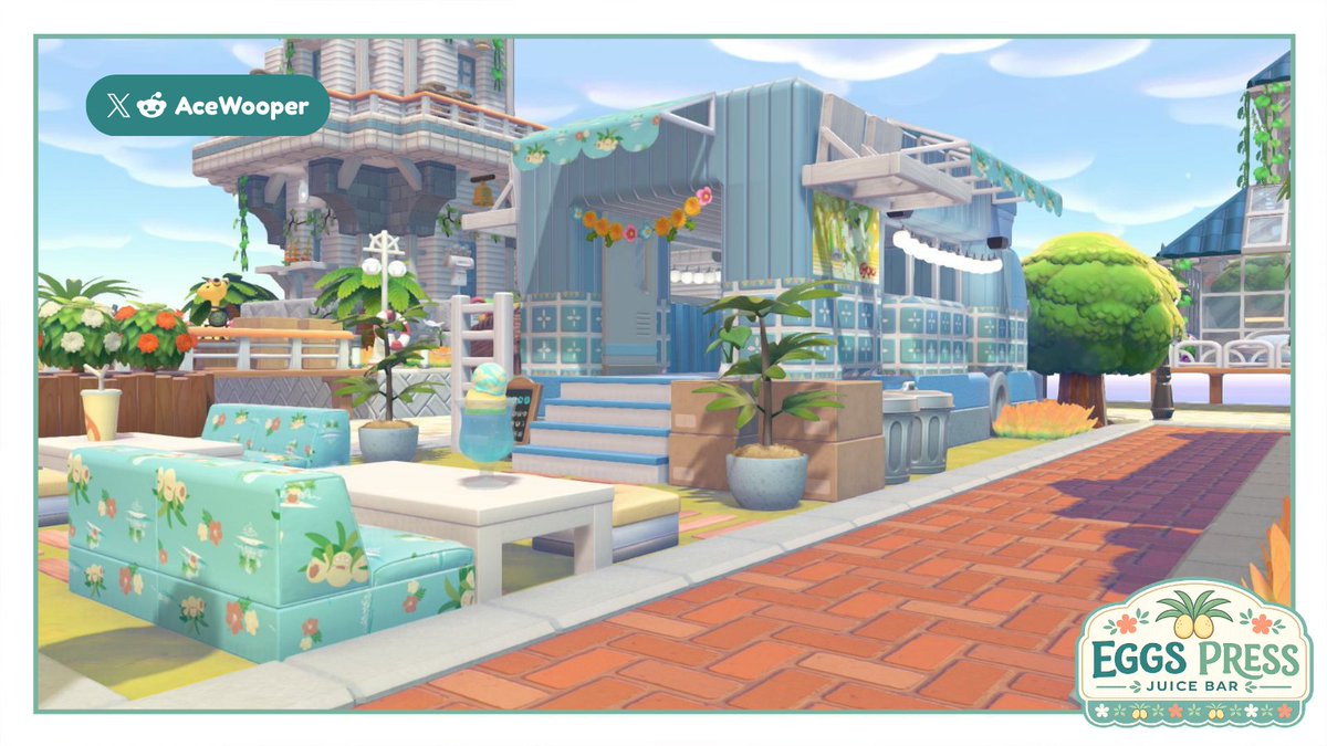 AceWooper's tweet photo. Eggs Press Juice Bar 🥥🍹
Added a mobile juice bar to my Bleak Beach Plaza to bring it to life. 🌴 Inspired by Café Nouveau, but pushed into a tropical coastal vibe
Big inspiration from @pokopokemokapo on the truck design.
#Pokemon #PokemonPokopia #Pokopia #Pokopiabuild https://t.co/NSUasQfKpX