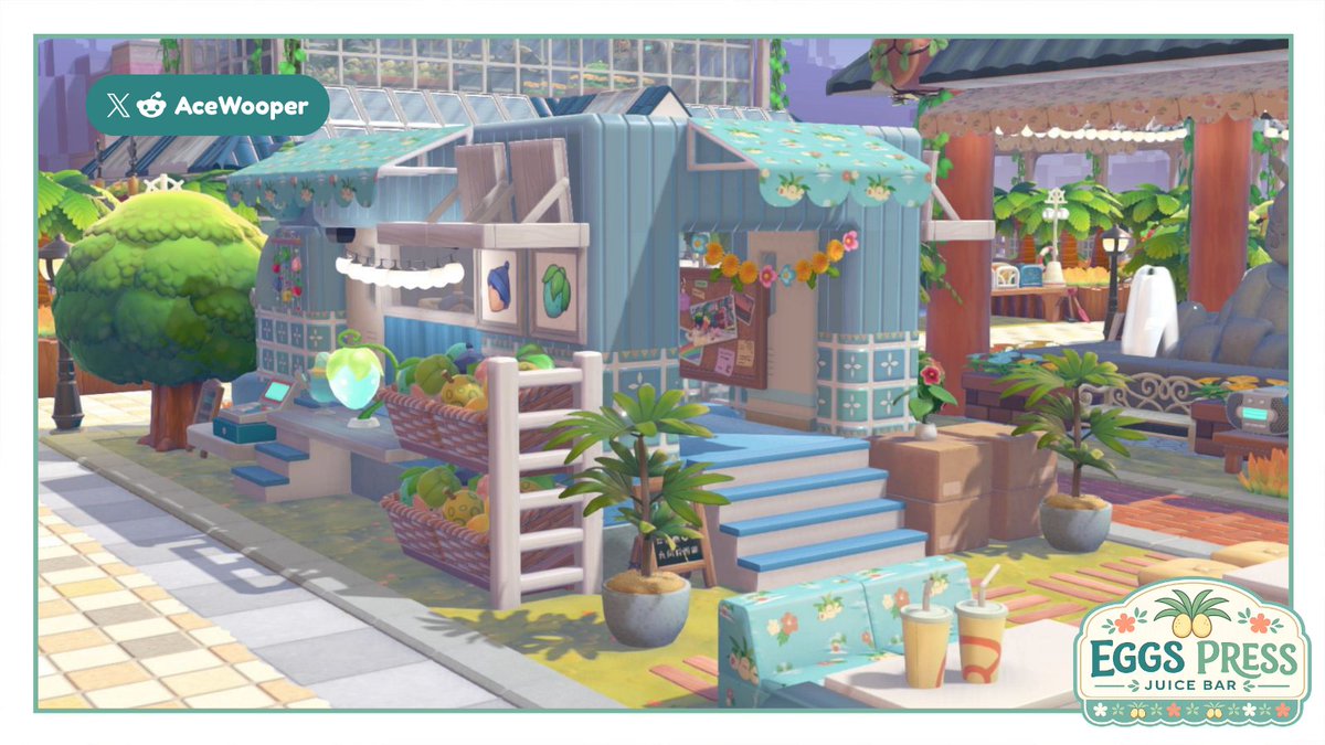 AceWooper's tweet photo. Eggs Press Juice Bar 🥥🍹
Added a mobile juice bar to my Bleak Beach Plaza to bring it to life. 🌴 Inspired by Café Nouveau, but pushed into a tropical coastal vibe
Big inspiration from @pokopokemokapo on the truck design.
#Pokemon #PokemonPokopia #Pokopia #Pokopiabuild https://t.co/NSUasQfKpX