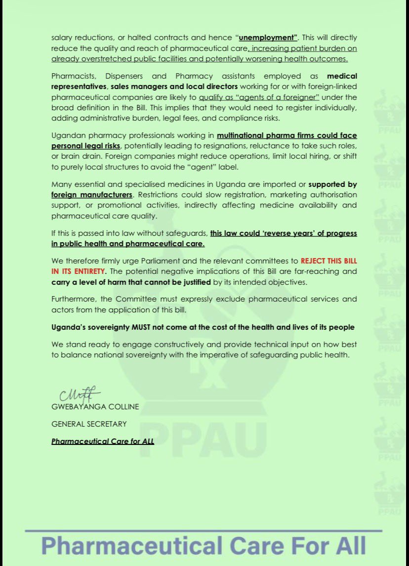 <a href="/ppau_official/">PHARMACY PROFESSIONS' ASSOCIATION OF UGANDA (PPAU)</a>  urgues that THE PROTECTION OF SOVEREIGNTY BILL, 2026 COULD TRIGGER MEDICINE
SHORTAGES, INCREASED COST OF MEDICINES FOR PATIENTS AND REVERSE YEARS OF PROGRESS IN PUBLIC HEALTH AND PHARMACEUTICAL CARE.

Our position is that <a href="/Parliament_Ug/">Parliament of Uganda</a> rejects this bill entirely.