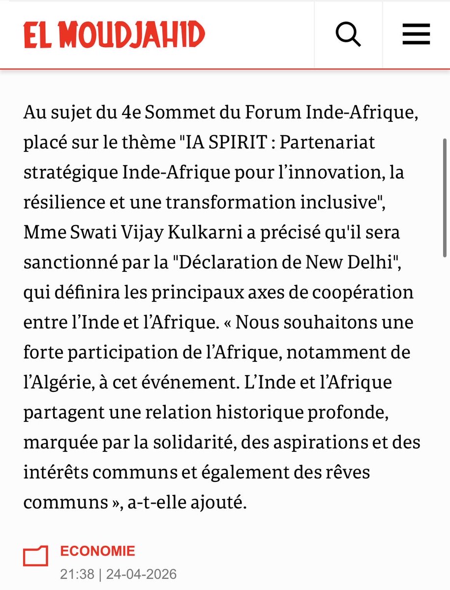 indiainalgeria's tweet image. #IAFS4 #IndiaAfrica #GlobalSouth #AfricaRising #IndiaInAfrica #DevelopmentPartnership #AfricaIndia 
#IndiaAlgeria  #IndiaAfricaForumSummit
  #الهندالجزائر   #IndeAlgerie #IndeAfrique 

@MEAIndia @IndianDiplomacy 

🔗: elmoudjahid.dz/fr/economie/sw…