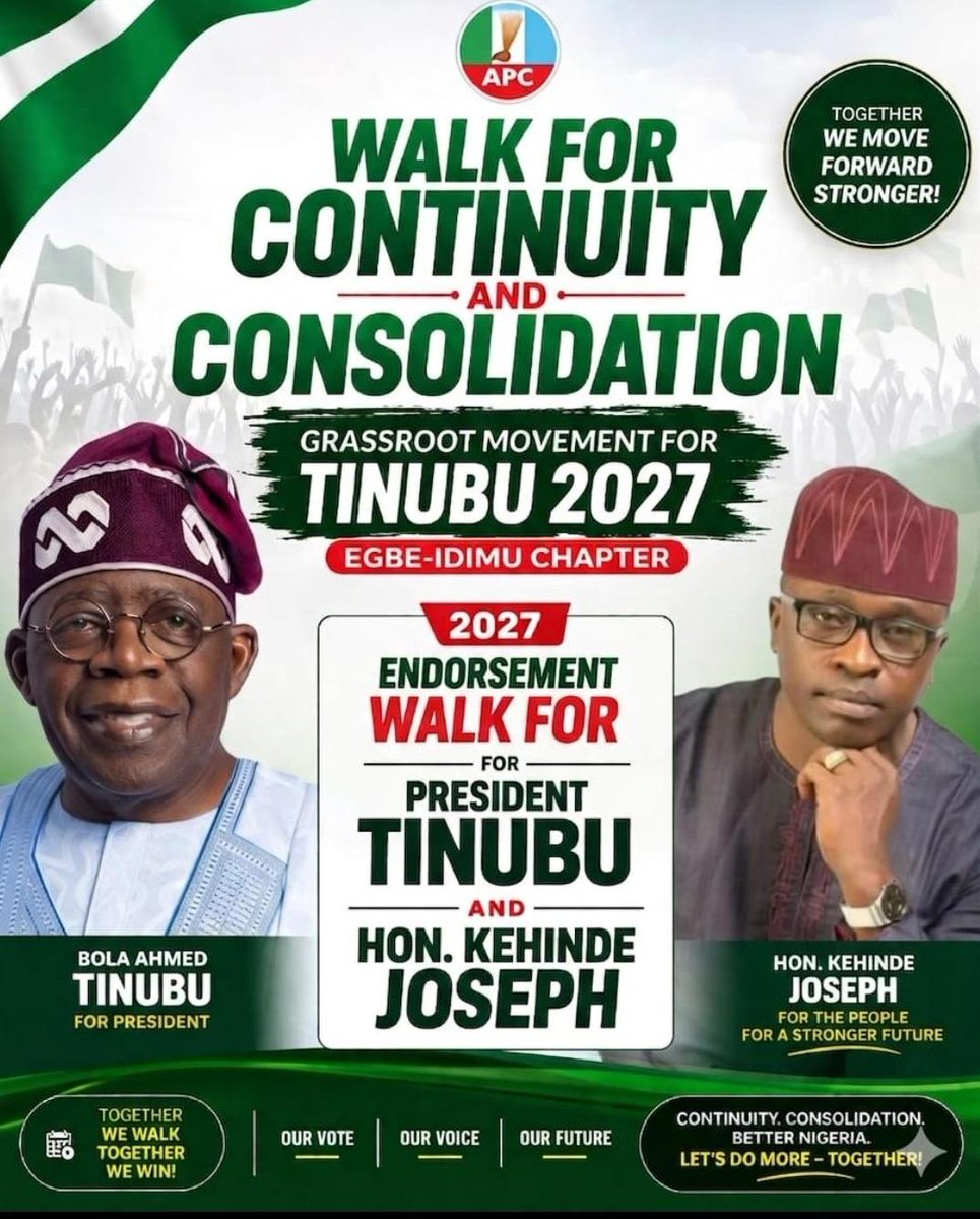BJM4ABAT's tweet photo. Writing
🚶‍♂️ WALK FOR CONTINUITY &amp; A GREATER NIGERIA 🇳🇬
Join us as we unite for progress, continuity, and a stronger future!
The Grassroots Movement for Tinubu 2027 – Egbe-Idimu Chapter invites all progressive minds to a historic walk in support of President Bola Ahmed Tinubu &amp; https://t.co/XomBbYw70J