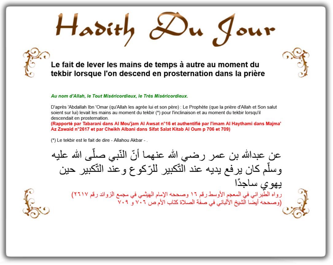 LeHadithDuJour's tweet image. Le fait de lever les mains de temps à autre au moment du tekbir lorsque l'on descend en prosternation dans la prière
_
_
_
#Hadith #Islam #HadithDuJour
