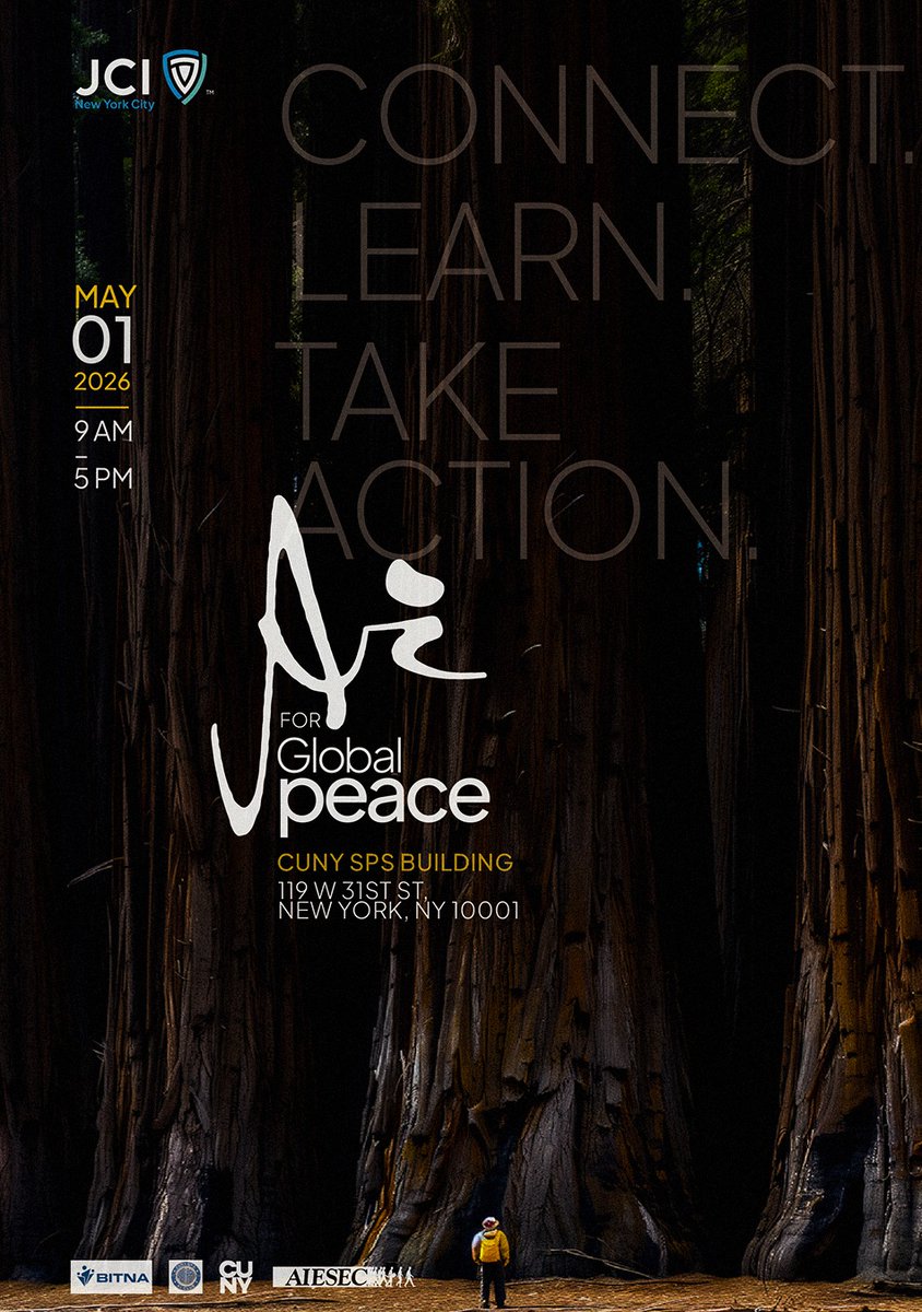 jcinyc's tweet photo. No one grows alone. Even redwoods stand because their roots hold each other through every storm. Peace asks the same of us.
JCI NYC invites you to AI for Global Peace.
📅 1 May 2026 | 9 AM–5 PM
📍 CUNY SPS, 119 W 31st St, NYC
Connect. Learn. Take action.

https://t.co/f0Ro3YEmav https://t.co/z1m3FghTj9