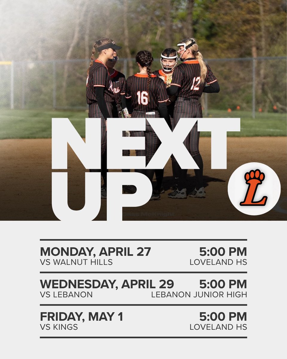 Another full week for Tiger Softball! 🐯🥎 

We kick things off Monday at home for Senior Night vs. Walnut Hills, come out and celebrate our very special seniors!!

Wednesday we’re on the road at Lebanon, then we’re back home Friday to take on Kings.