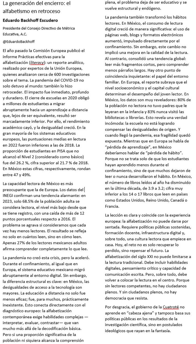 No se pierdan este artículo de <a href="/EduardoBackhoff/">Eduardo Backhoff Escudero</a> 👌🏻👍🏻
.
Entre 47 y 49% de los mexicanos no comprenden lo que leen y eso se agravó con la pandemia 
.