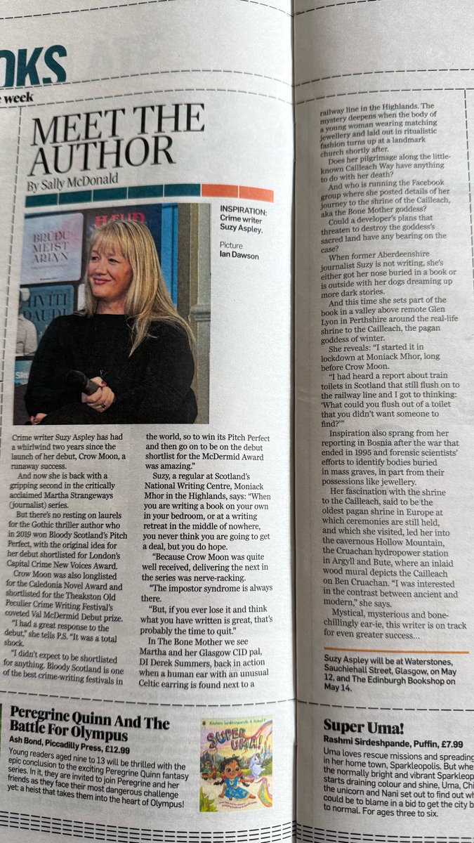 writer_suzy's tweet photo. Delighted to be the featured author in today’s #sundaypost newspaper ahead of the publication of The Bone Mother on May 7th.
Still time to get tickets for our @WaterstonesGla launch on May 12th and @EdinBookshop on May 14th.
Excited to have book two out in the world! https://t.co/v4dnmSJYlk