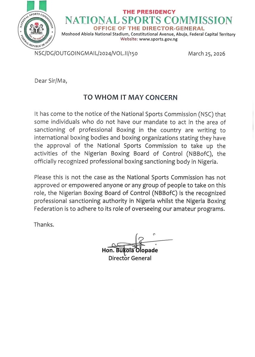 AbimbolaLameed's tweet image. #nsc The @nationalsportscommissionng is out to clarify the ambiguity in Nigerian boxing over who takes charge of oir professional boxing. Read details in the release. #nbbofc #nigerianboxing #nigerianboxingfederation