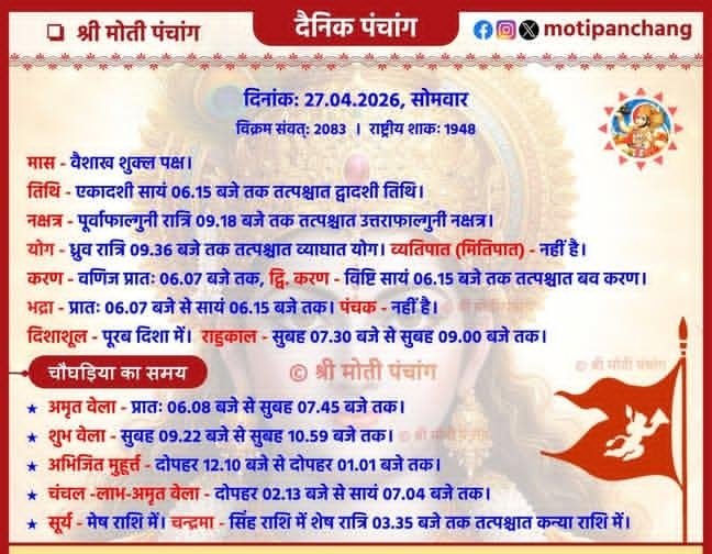 SoniDurgaprasad's tweet image. दैनिक पंचांग: 27 अप्रैल 2026, सोमवार
1. विस्तृत पंचांग •
2. योग •
3. करण
4. शुभ-अशुभ मुहूर्त •
5. दिशाशूल •
6. दिन और रात की चौघड़िया •
#post 
#पंचांग 🌙🌃🕉️💫