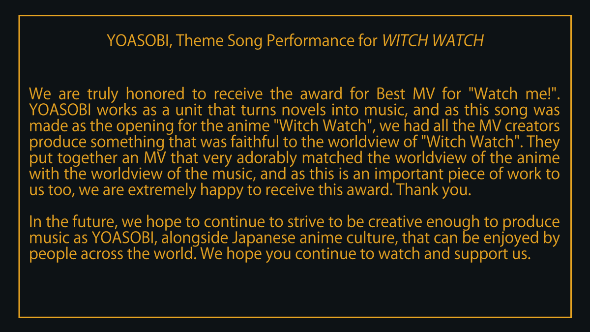 ranime_awards's tweet photo. Congratulations to the staff of “Watch me!” which won best Music Video from the public! We have gotten a comment from the YOASOBI, for their song performance.
#AnimeAwards #ウィッチウォッチ #WITCHWATCH https://t.co/Y7lHSY4ZMT