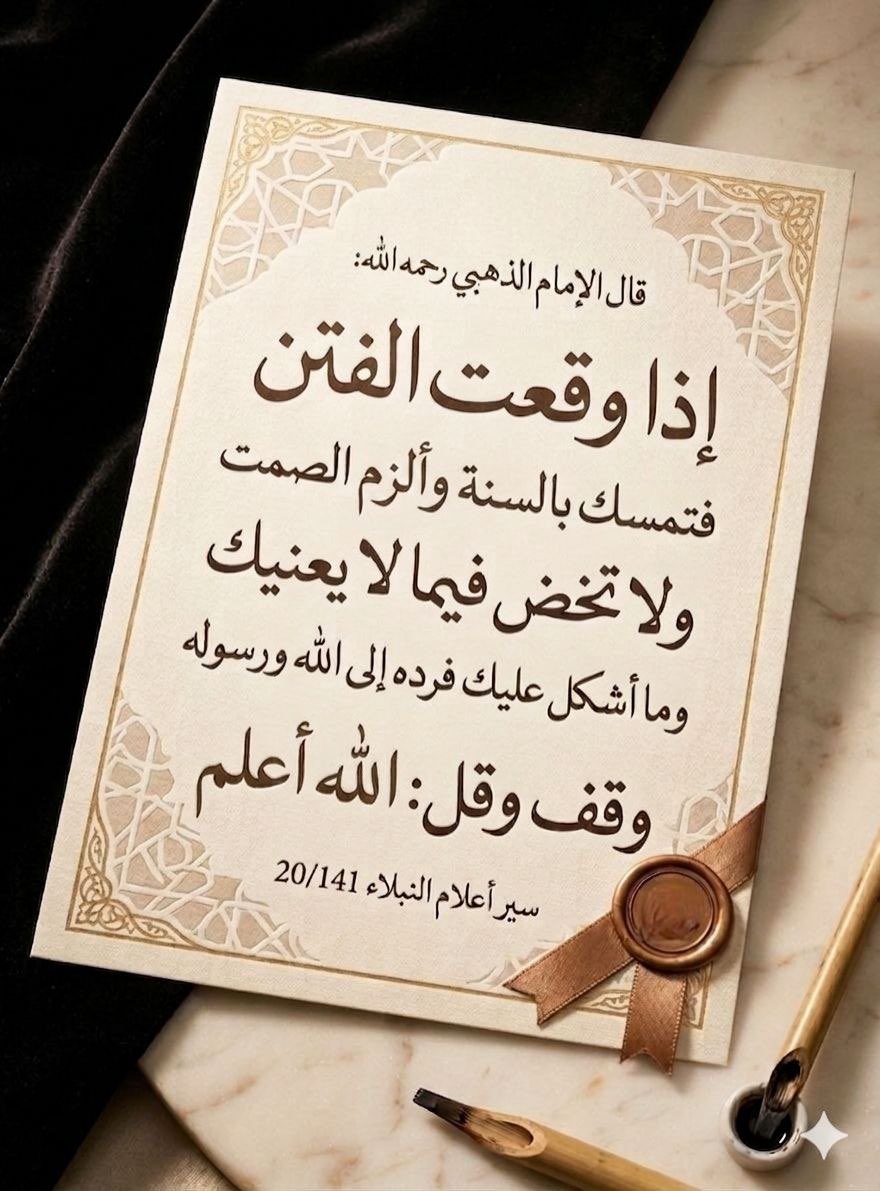 قال الإمام الذهبي رحمه الله:

"إذا وقعت الفتن،
فتمسّكْ بالسُّنة، وألزمْ الصمت،
ولا تخضْ فيما لا يعنيك،
وما أشكل عليك فرُدَّه إلى الله ورسوله 
وقفْ، وقلْ: الله أعلم".

📚[سير أعلام النبلاء: ٢٠/١٤٢]