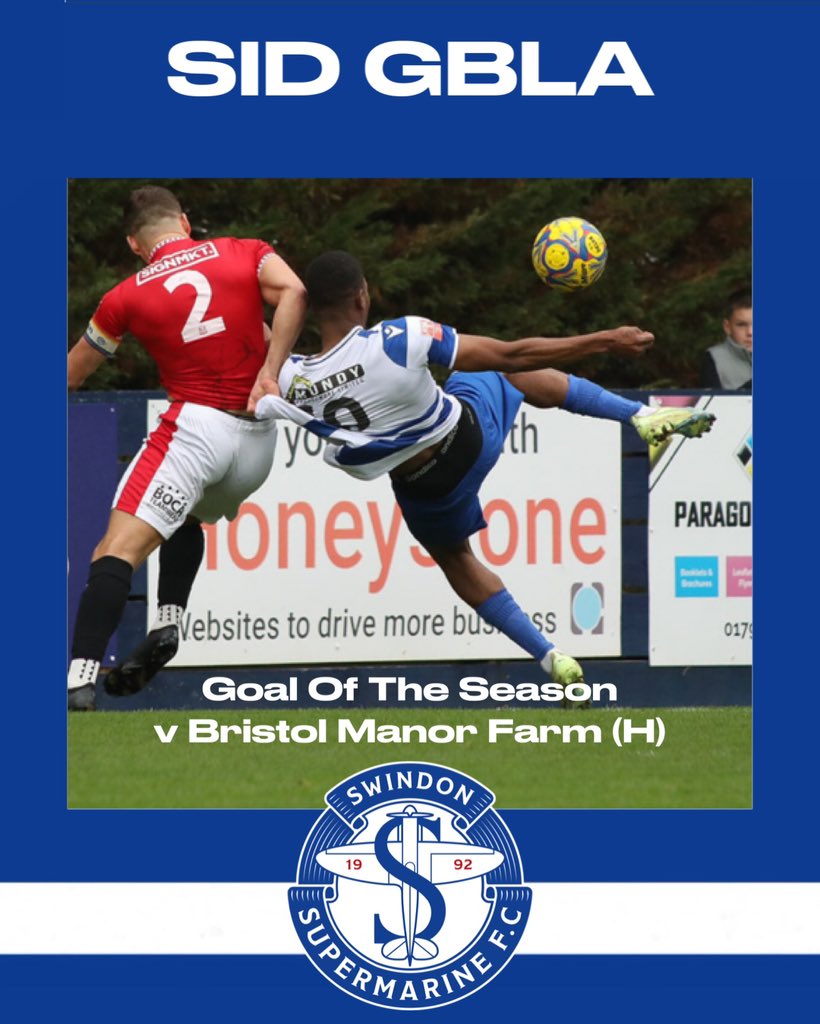 SupermarineFC's tweet photo. GOAL OF THE SEASON - Sid Gbla

An acrobatic effort in the first minute of our 3-1 victory at home to Bristol Manor Farm. https://t.co/JiS3IEBdJb