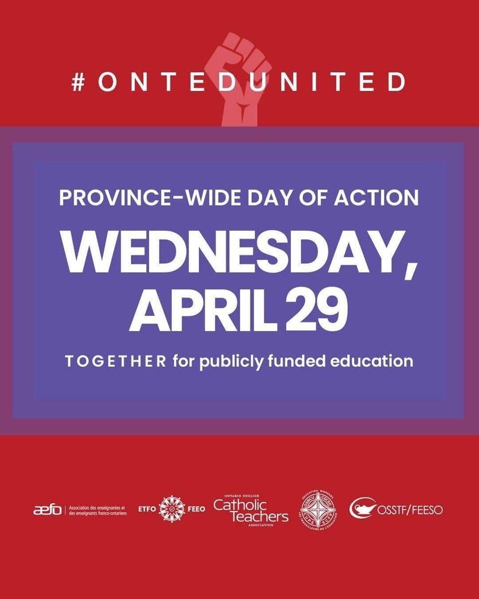 dpsuoecta's tweet photo. April 29: #OntEdUnited Day of Action!
Educators &amp; education workers are coming together to fight back against rising violence, underfunding &amp; growing class sizes!  We need you to join the movement to defend public education.
🔴 Wear #Red4Ed
💜 Wear PURPLE to support CUPE members https://t.co/u4O1EQ2pLD