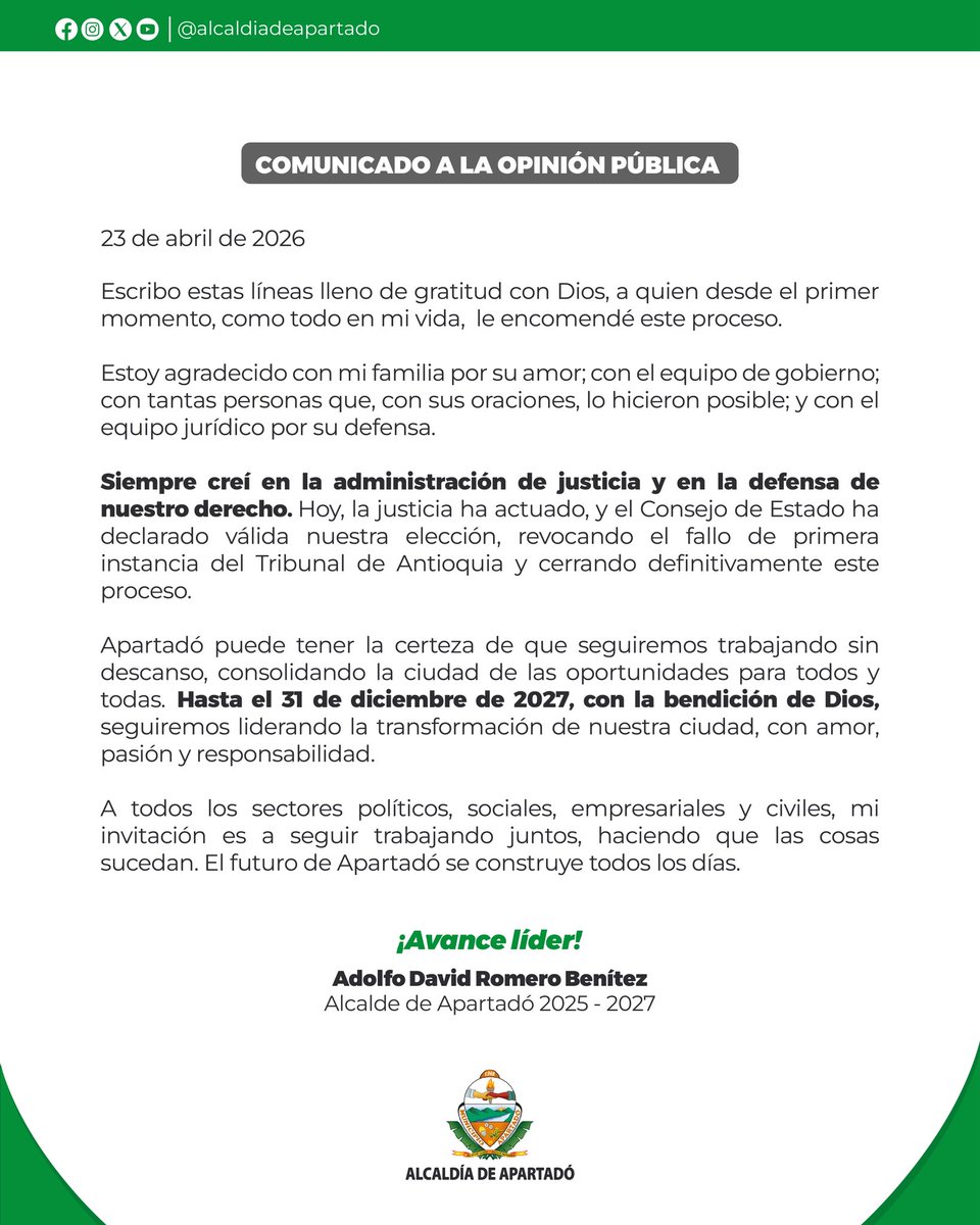 AdolfoRomeroB's tweet photo. 𝐋𝐚 𝐯𝐞𝐫𝐝𝐚𝐝 𝐩𝐫𝐞𝐯𝐚𝐥𝐞𝐜𝐢𝐨́: 𝐥𝐚 𝐣𝐮𝐬𝐭𝐢𝐜𝐢𝐚 𝐜𝐨𝐧𝐟𝐢𝐫𝐦𝐨́ 𝐧𝐮𝐞𝐬𝐭𝐫𝐚 𝐞𝐥𝐞𝐜𝐜𝐢𝐨́𝐧. 🙏🏻

#ApartadóCiudadDeOportunidades #AvanceLíder https://t.co/WdJmKwTMUs