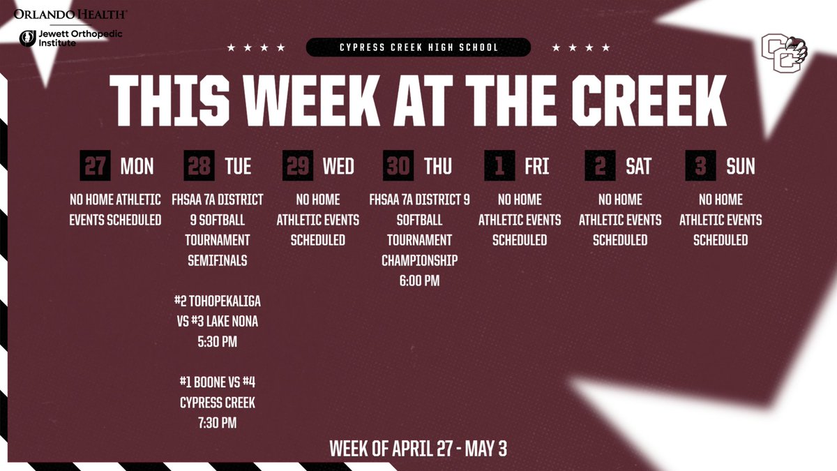 CCHSBears's tweet photo. Big week as we wind down the season! 🐻🔥

🏟 Softball Districts (HOME)
Tue: 5:30 &amp; 7:30 PM
Thu: Championship – 6:00 PM

🏆 Regionals
Wed: Flag Football @ Harmony – 6 PM
Thu: Boys Volleyball @ George Jenkins – 7 PM
Sat: Track @ George Jenkins

#TheCreek #BearPride #BearDown https://t.co/wH3hiVbeaZ