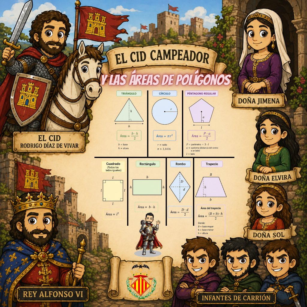 ieslagoligur's tweet image. Aprovechamos el día de hoy para compartir esta infografía geométrica resumen para 3º de la ESO de áreas de polígonos inspirada en el Cid Campeador y sus hazañas relatadas en el "Cantar de Mio Cid".
(Diseño del profesor Joaquín Candañedo @joaEduca )
#lagoligur #matemáticas