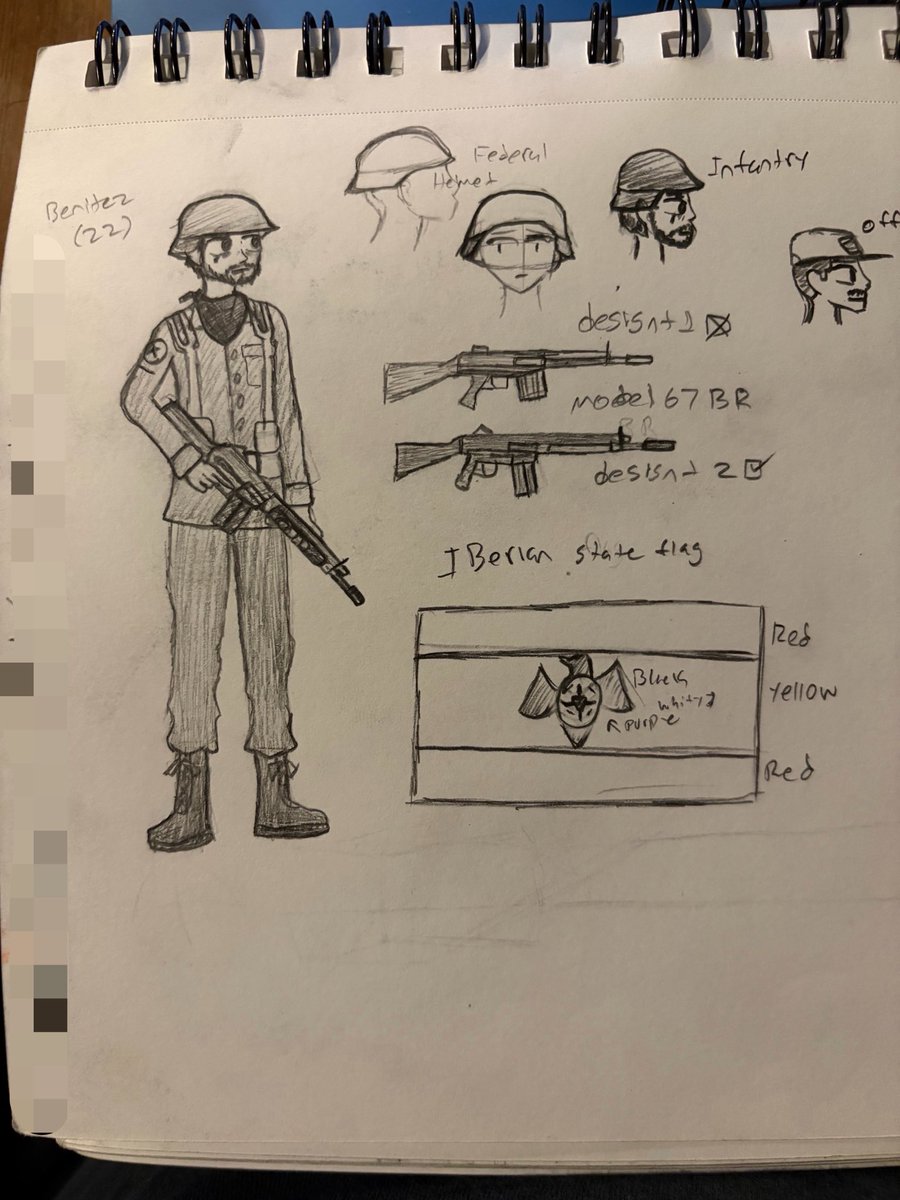 Soulheart__'s tweet image. Character sketch of one of the main characters in my first story Viva La Vida!

Benitez dons the uniform and service rifle of the fictional Iberian State Military, a dictatorship that controls the people of Iberia.
#oc #lore