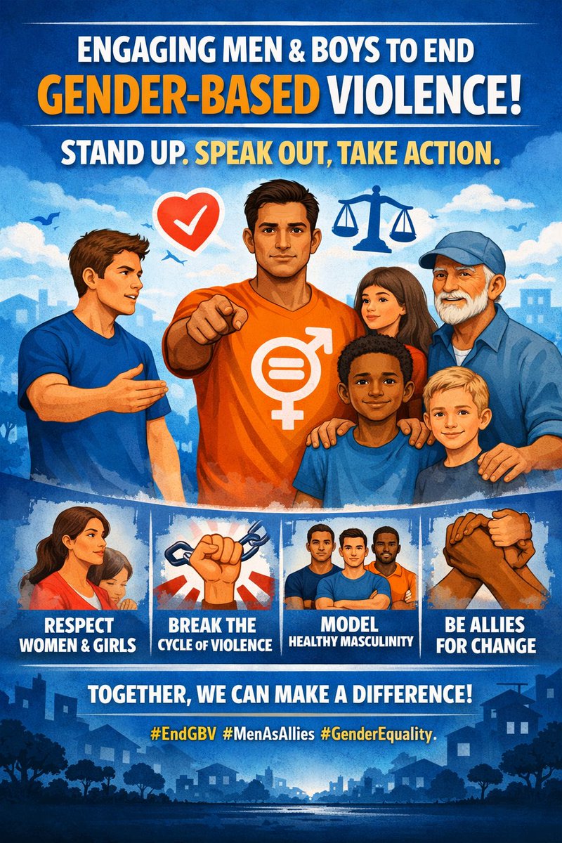 EvaJoe2022's tweet image. ENGAGING MEN AND BOYS IN GBV PREVENTION

Ending gender-based violence requires active involvement of men and boys. Through positive masculinity, awareness, and dialogue, we can build safer communities.

Men as allies make prevention possible.

#EndGBV #GenderEquality #MenAsAllies