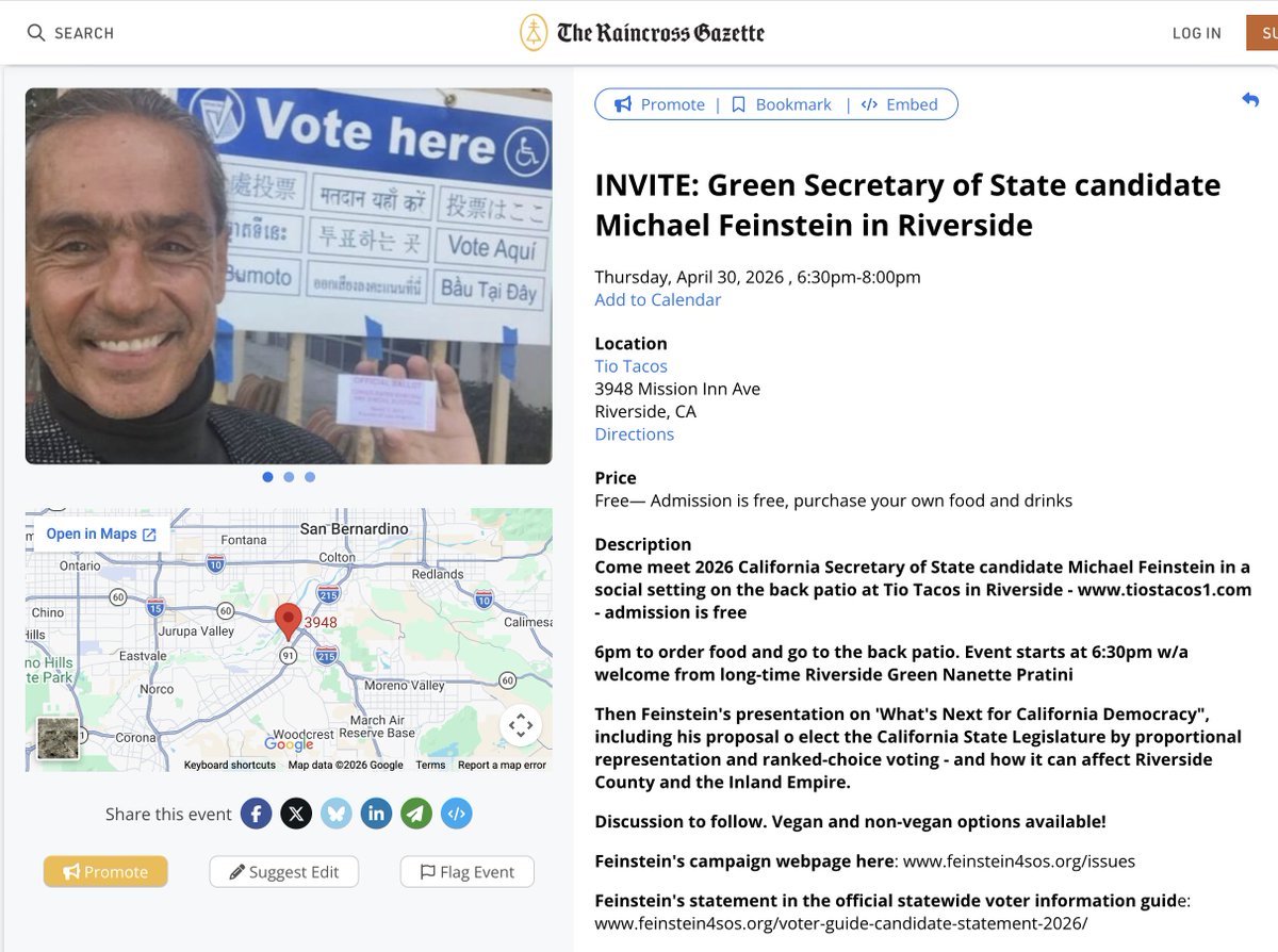Feinstein4SoS's tweet image. INVITE: Green Secretary of State candidate Michael Feinstein in Riverside, CA, Thurs Apr 30 @ 6:30pm at Tio Tacos restaurant back patio. Admission free, purchase your own food &amp;amp; drink  raincrossgazette.com/calendar/#/det…  #CApolitics #CAelections #RiversideCA #RiversideCounty #VoteGreenParty
