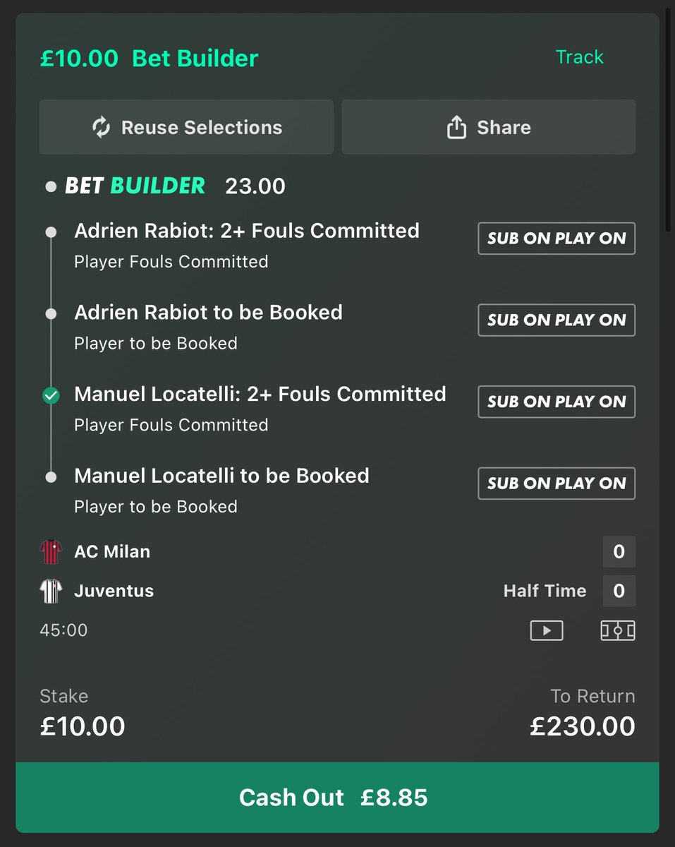LukeDuxburyTips's tweet photo. The Bet Builder is tickling along nicely. 

No idea how Locatelli hasn’t been booked already but all we need is a card for him and a card for a Rabiot foul. 

So let’s hope for a big second half. 🤞 https://t.co/J28wpoTYAC