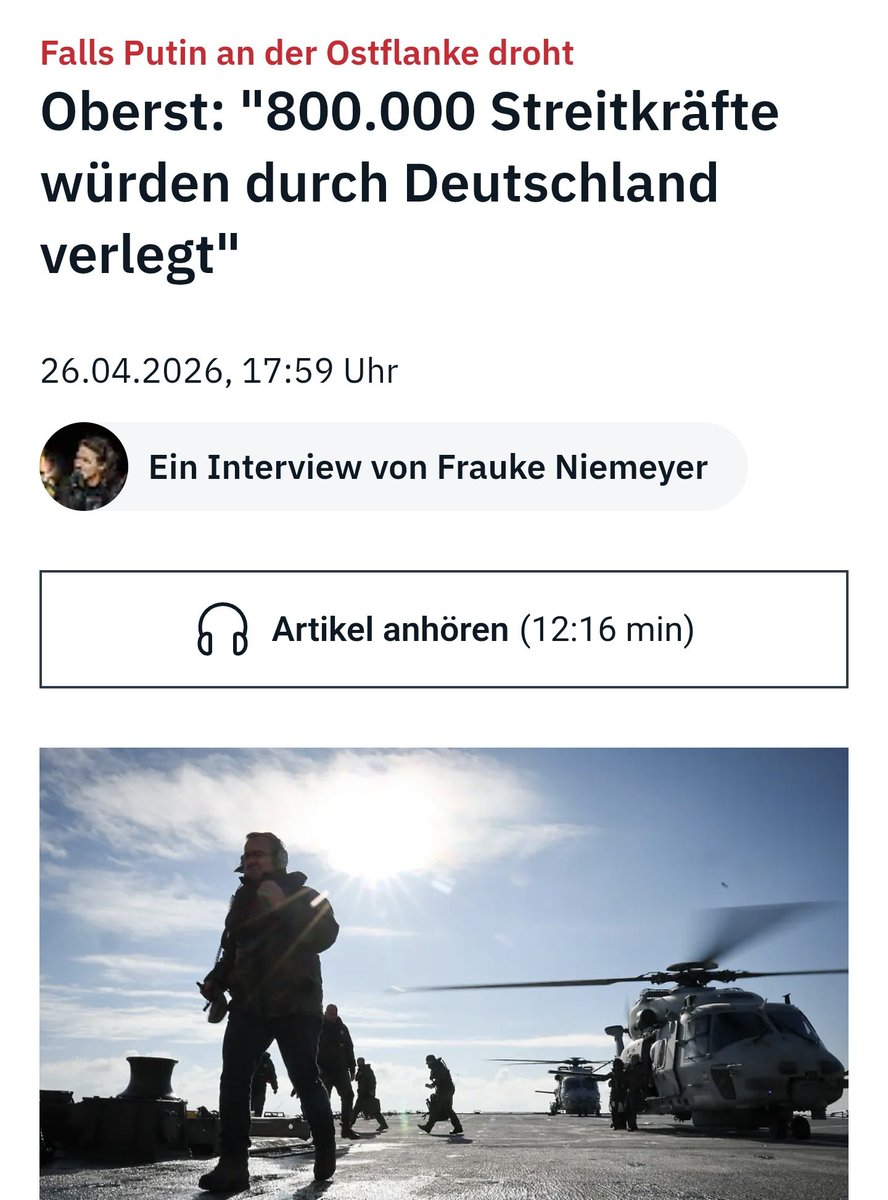 Es wird nicht mehr lange dauern, dann wird die Nato die 800 000 Streitkräfte durch Deutschland an die Ostflanke verlegen. Kurz darauf werden die den Spannungsfall ausrufen.

Die Pläne für einen Krieg sind schon lange fertig!

n-tv.de/politik/Oberst…