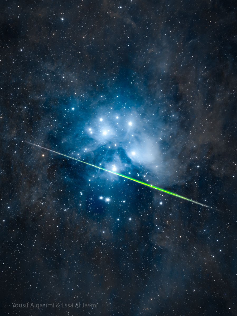 NightSkyToday's tweet photo. Meteor and Pleiades ☄️✨ https://t.co/YTIbYfWJKR