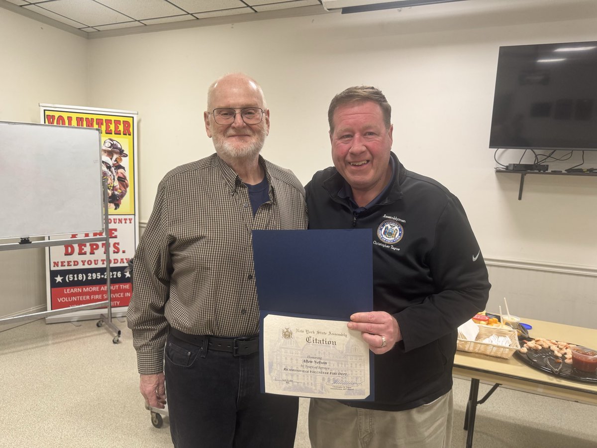ChrisTague51's tweet photo. Great night supporting the Richmondville Volunteer Fire Department in #SchoharieCounty!

Congratulations to my friends Randy Crapser on 45 years of service and Allen Nelson on 50 years of service. Thank you to these two incredible men, and to all of our volunteer Fire and EMS personnel, for your sacrifice, dedication, and service to our community.

We are blessed to have men and women like you protecting our towns and keeping our families safe.

God bless you all, and God Bless America 🇺🇸