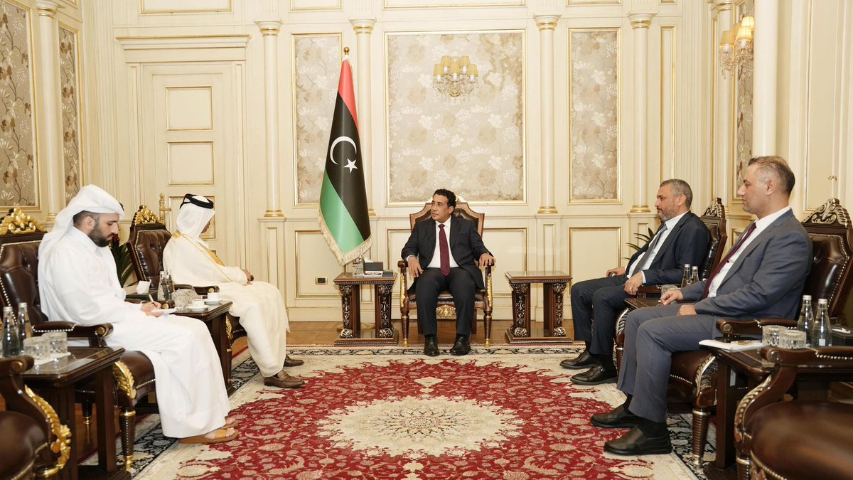 MofaQatar_EN's tweet photo. Chairman of Libyan Presidential Council Meets Qatar's Ambassador

Tripoli | April 26, 2026

HE Chairman of the Presidential Council of the State of Libya Dr. Mohamed Al Menfi met with HE Ambassador of the State of Qatar to the State of Libya Dr. Khalid bin Mohammed Zaben Al Dosari.

The meeting discussed cooperation relations between the two countries. 

#MOFAQatar