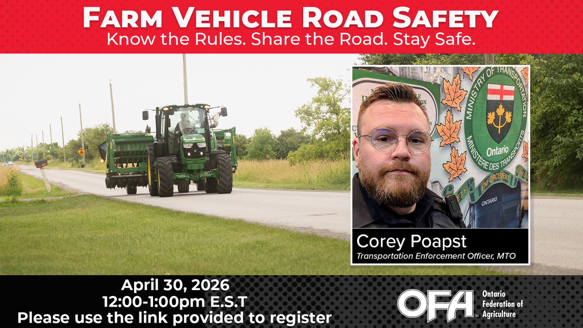 🚨Planning out your week? Mark your calendar to attend our Farm Vehicle Road Safety lunch-and-learn on April 30! Topics will include farm vehicle use and requirements, CVOR, driver’s licences, annual inspections, and more. The session will provide practical information to support