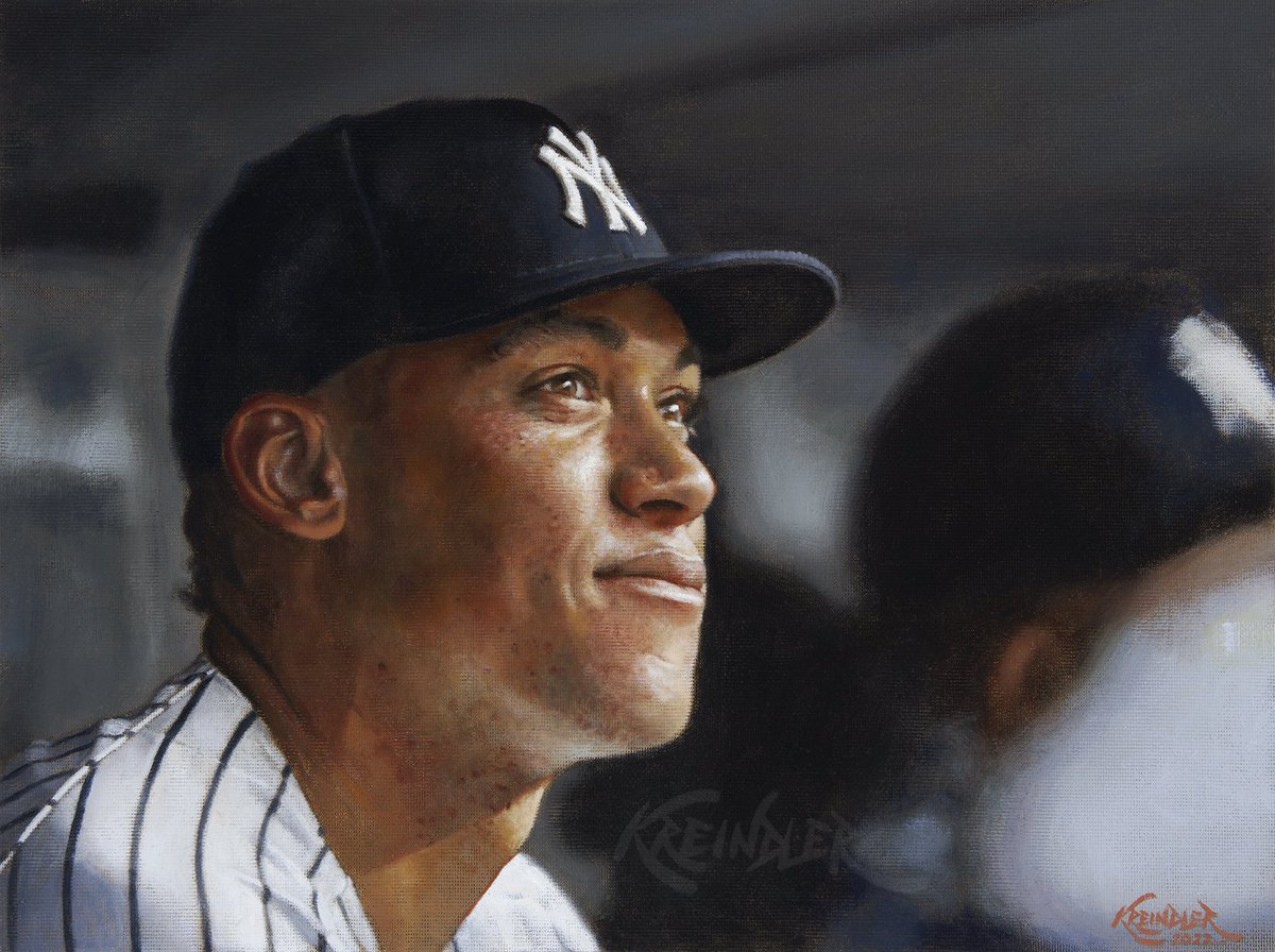 GraigKreindler's tweet photo. Happy 34th birthday to @TheJudge44!! One of the absolute titans of the sport in this day and age, he’s a 7x All-Star and a 3x AL MVP. Here's my painting of him as a younger man peering out of the Yankee Stadium dugout on August 2, 2017, based on the photography of Paul Bereswill. https://t.co/iSJoaQ8g6N