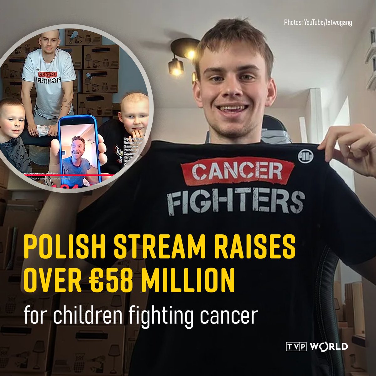 TVPWorld_com's tweet photo. A Polish livestream led by youtuber Łatwogang raised over 250,000,000 million złoty (€58,920,998 million) for children battling cancer, setting a new world record for charity fundraising during a live broadcast.

The funds will support the Cancer Fighters Foundation [@fundacjacancer]. Thousands of viewers and public figures joined the campaign, including Coldplay's Chris Martin [@coldplay], while Polish football player Wojciech Szczęsny [@WojcichSzczesny] fulfilled his promise by making a TikTok with his Spanish colleague Lamine Yamal [@Yamal_Xtra], helping push the total far beyond previous records.