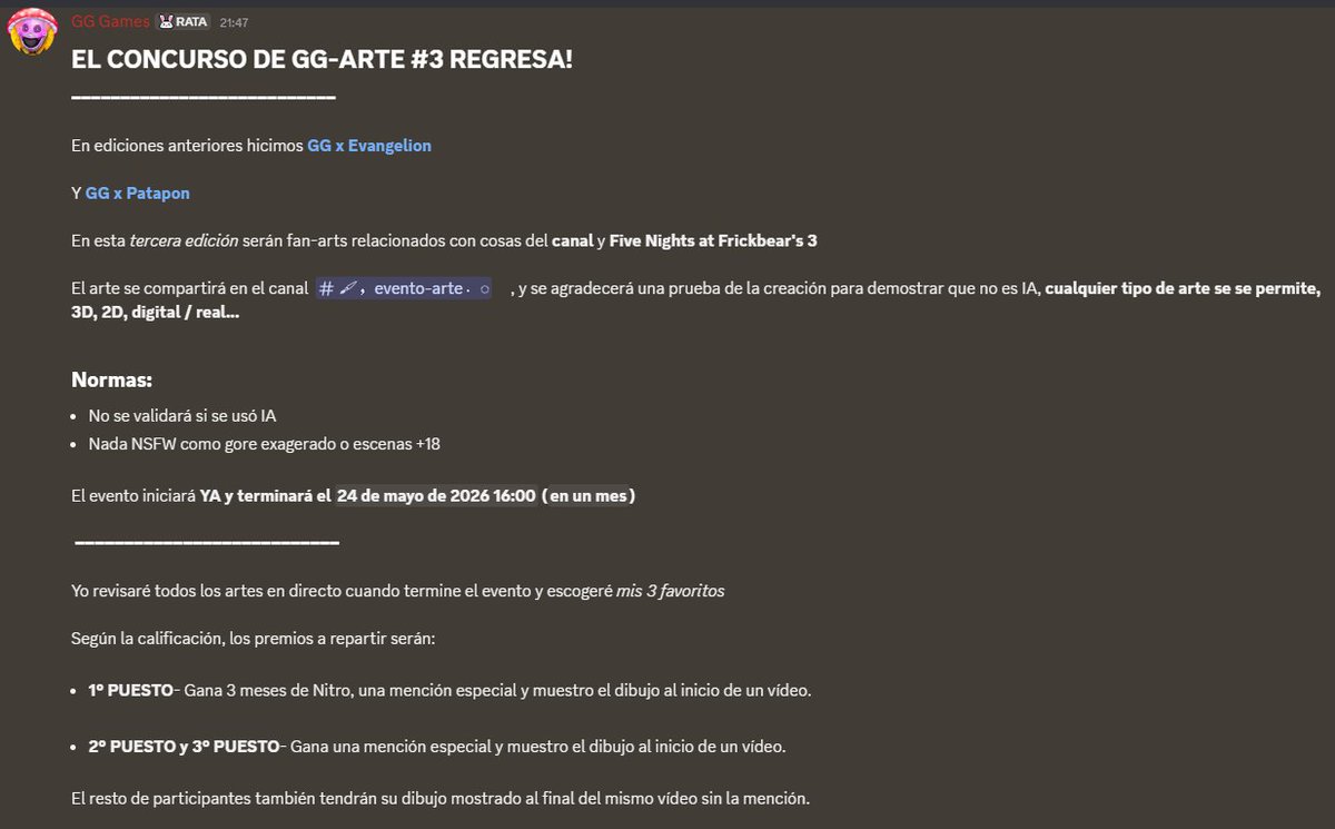 games878787's tweet photo. CONCURSO DE GG-ARTE #3 Frickbear's 3 X GG Games

Luego de 4 años hemos traído de vuelta el concurso, podéis participar por Discord ---> https://t.co/bxAwwIjTon

Y por si alguien no puede usar Discord también hay un form, aunque Discord es recomendable si puedes
https://t.co/Vi01r2ozDE