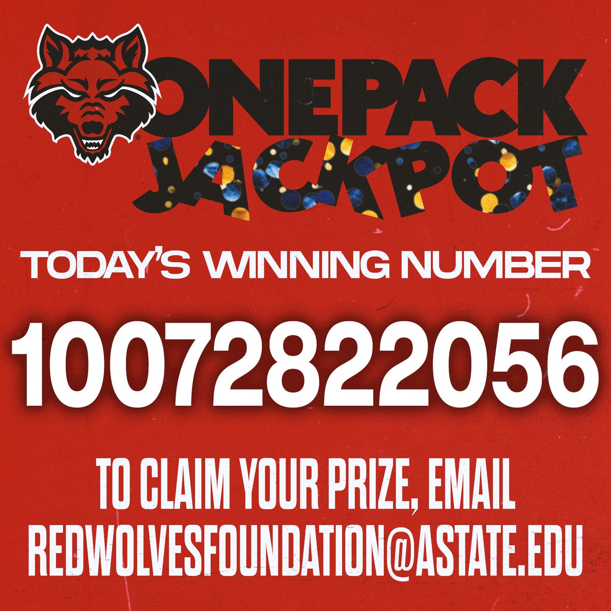 AStateRedWolves's tweet image. Congrats to the holder of this ticket for winning today’s One Pack Jackpot! And a big thank you to everyone who took part to help our student-athletes. #WolvesUp