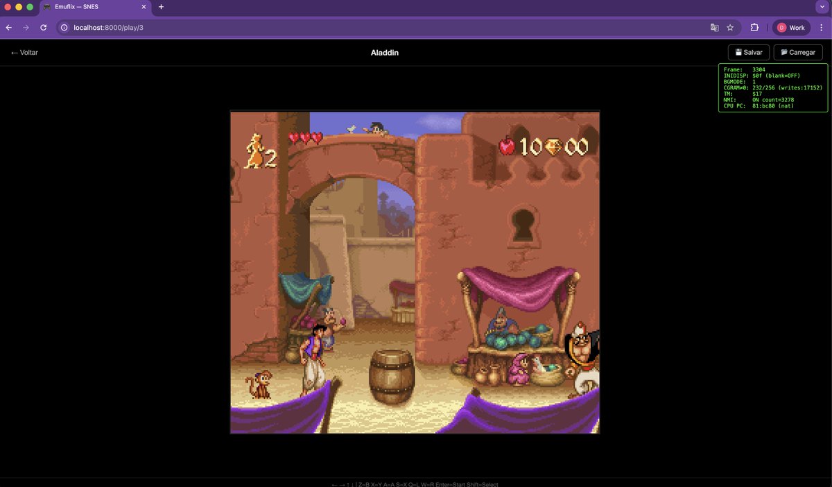 emuflix's tweet photo. Aladdin is playable, with some bugs and poorly rendered sprites, and some FPS issues on 120Hz screens.
Chrono Trigger shows significant progress in game rendering, but still has many issues with sprite organization on screen. Not yet playable.

🇧🇷: Aladdin jogável, com alguns bugs e sprites mal renderizados, alguns problemas de FPS em telas de 120hz. 
Chrono Trigger com grande avanço na renderização do game porém com muitos problemas na organização dos sprites na tela. Ainda não jogável.