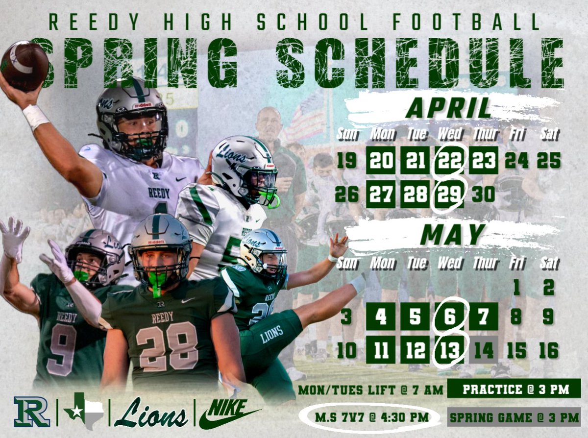 RHS_FBRecruits's tweet photo. 🚨SPRING SCHEDULE UPDATE🚨

As college coaches come through our doors we want to make the most for each of yalls visits. Spring will proceed as follows. Athletes will be on campus before school Mon/Tues for our strength program while all practices will be held at 3 PM! https://t.co/HRN1jXhUZj
