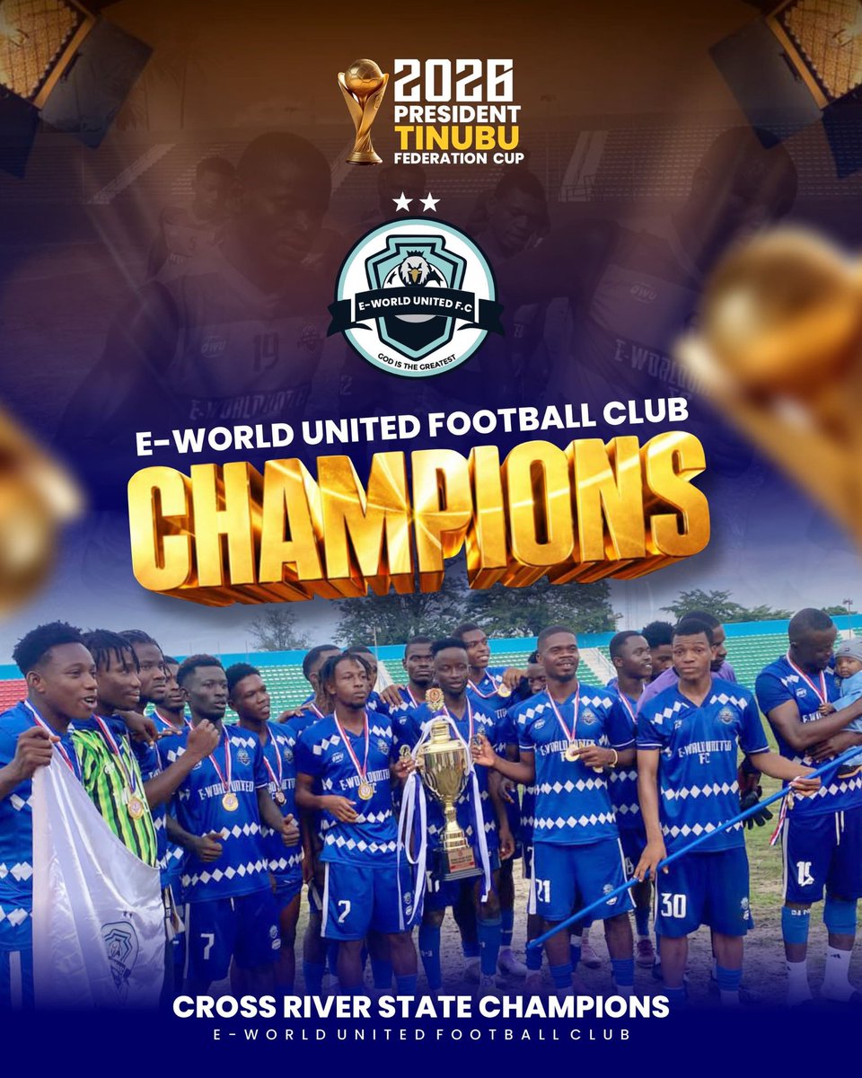 eworldfc's tweet photo. 🚨History made

E-World united are official winners of the F.A Cup in Calabar.🏆
Mojoda FC 🔴1-2🔵E-world United.

#presidentcup26 #eworld #calabarFAcup https://t.co/QANxsaCbA2