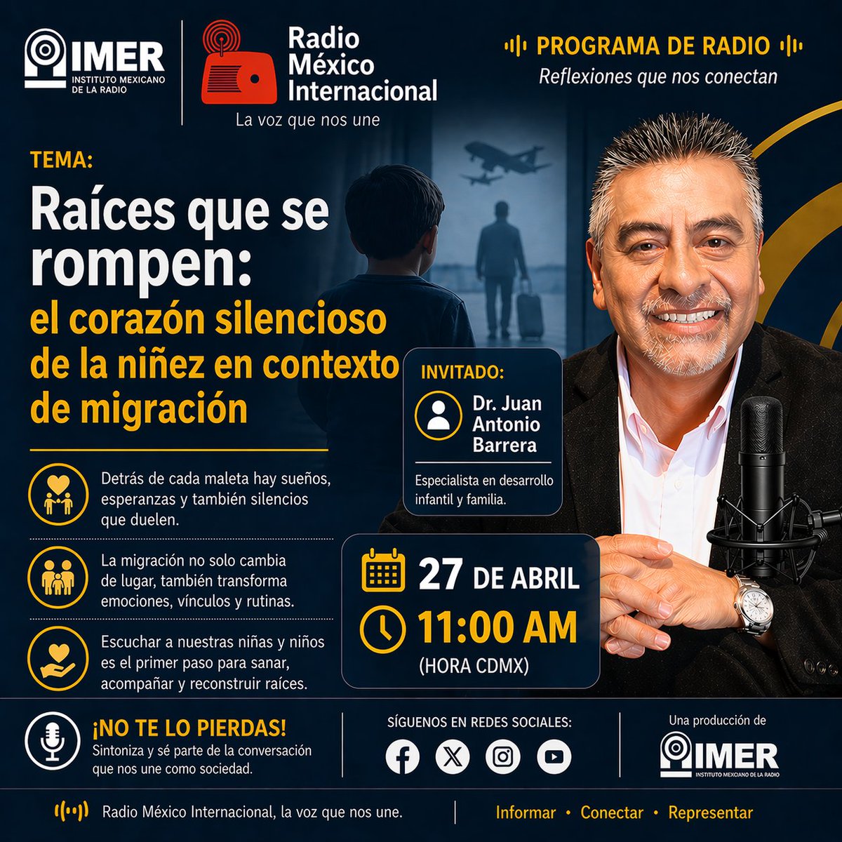 ✨ Raíces que se rompen… historias que no siempre se dicen.
Cuando un padre migra o es repatriado, no solo cambia un hogar, cambia el corazón de una infancia.
🎙️ Acompáñanos en Radio México Internacional
📅 27 de abril | ⏰ 11:00 AM
Escucha el programa 👇🏻 share.google/vn1b4d29egPQ9C…