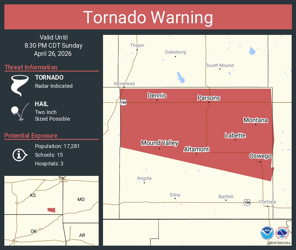 Tornado Warning continues for Parsons KS, Oswego KS and Altamont KS ...