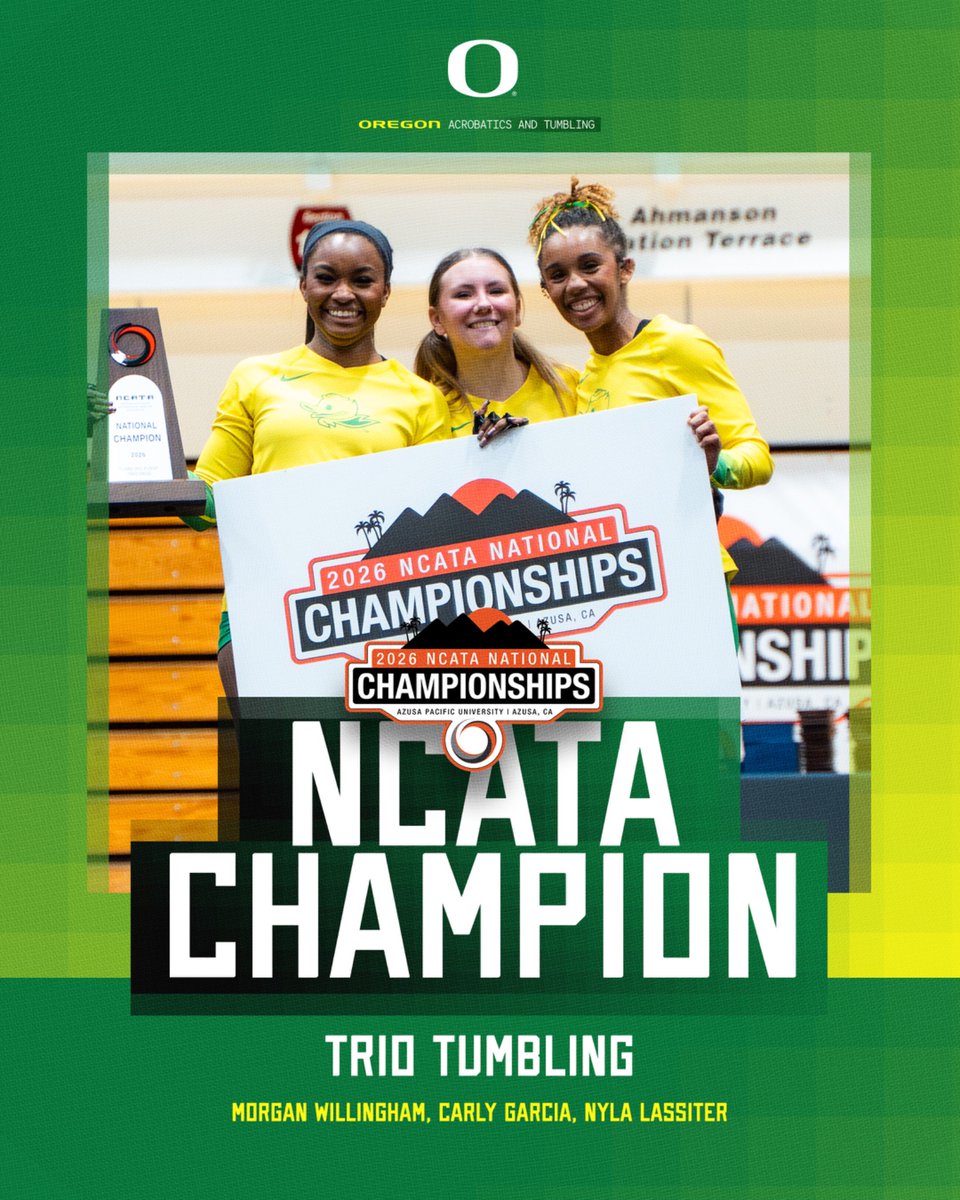 OregonAcroTumb's tweet image. History made 🏆

Morgan Willingham, Carly Garcia and Nyla Lassiter are your NCATA Trio Tumbling National Champions! 

#GoDucks | #Power