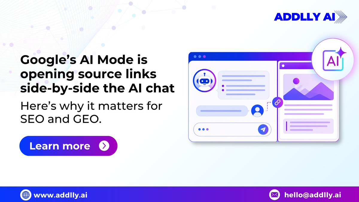 AddllyAi's tweet image. Latest AI search update: Google’s AI Mode is changing how users open sources. Instead of sending people to new tabs, source links can open side-by-side with the AI chat, keeping users in the AI experience while they read.

#AISearch #SEO #GEO #AEO #AIVisibility #ContentStrategy
