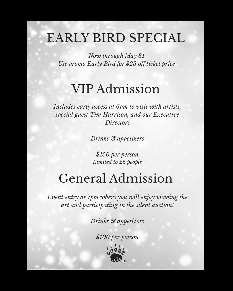 There's no better time to get your gala tickets! We can't wait for an evening of elegance and art with you. All proceeds benefit BEARS Etc., Bear and Exotic Animal Rescue Sanctuary in Huntsville, TX.