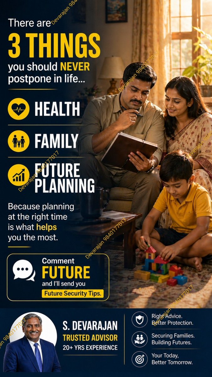 licdevarajan's tweet image. ⏳ What you delay today… becomes pressure tomorrow.
💡 Start early → build strong financial security

👨‍👩‍👧 Plan for your family before it becomes urgent.
📲 Comment “SAVE” or WhatsApp: wa.me/9840177017

#FinancialPlanning #StartEarly #FutureSecurity #SmartSaving