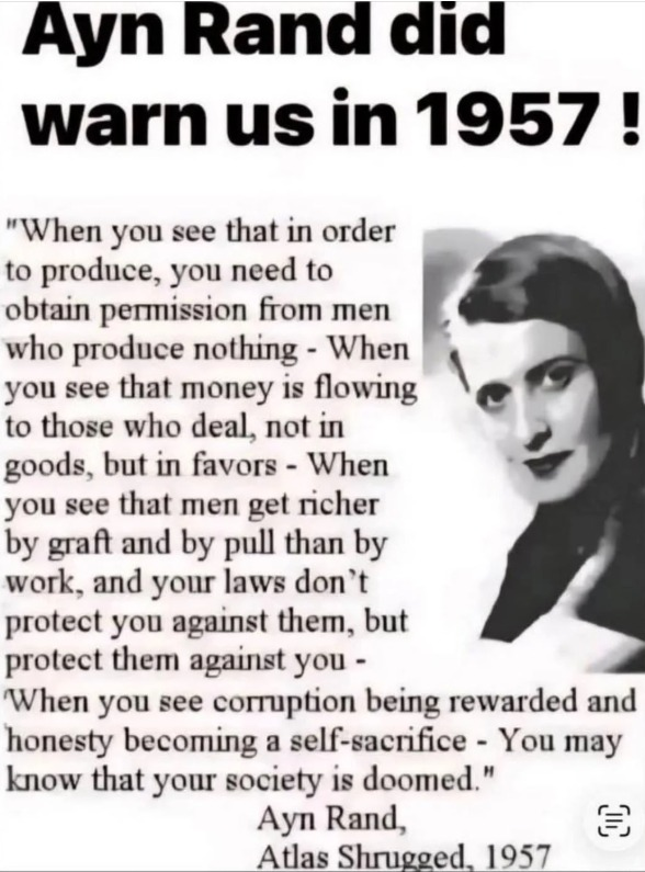 AGupte's tweet photo. @peterthiel @elonmusk
I heard you're fans of Ayn Rand.  I have been for 50 years. Then, why did you enable this administration's grift, corruption and lies? https://t.co/32nx6nPQh9