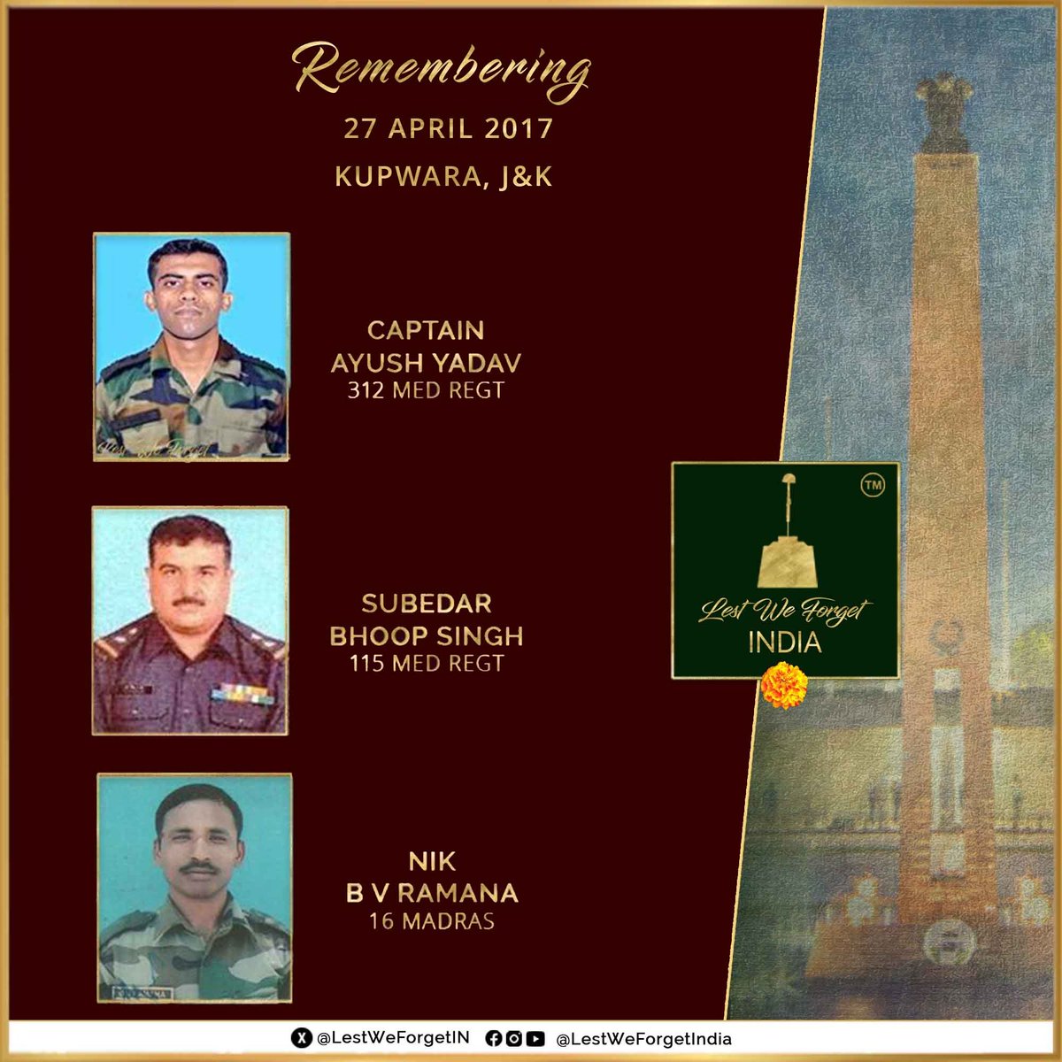 LestWeForgetIN's tweet image. Captain Ayush Yadav, 312 MED REGT
Subedar Bhoop Singh, 115 MED REGT
Naik B V Ramana, 16 MADRAS
laid down their lives during a terrorist attack at an Artillery Unit in Panzgam, #Kupwara, J&amp;amp;K #OnThisDay 27 April in 2017

Remember the gallant #IndianBraves - their service &amp;amp; supreme