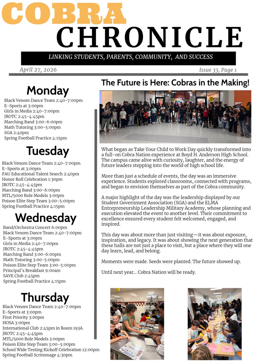 BAHSCobras's tweet photo. This week's edition of the Cobra Chronicle @JamesGriffin_II @MrsLehmanBAHS @kionardra @GiaHRoberts https://t.co/jIG01yjtGk