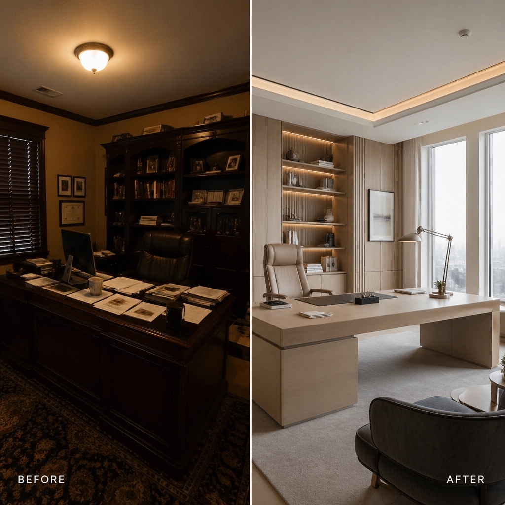 DanaModmulqueen's tweet image. Tired of working in a dark, cramped space?  We pivoted this home office into a high-productivity luxury suite with strategic lighting and layouts. Now, it’s a high-performance zone that feels like the corner office. DM "OFFICE" for your 1-week plan! #HomeOffice