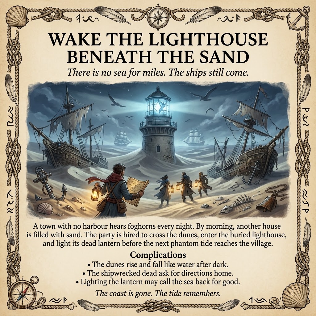 called_cam's tweet photo. Wake the Lighthouse Beneath the Sand

A village with no harbour hears foghorns every night.
By morning, another house is full of sand.

The party must light a buried lighthouse before the phantom tide reaches town.

But what happens if the sea comes back?

#TTRPG #DnD #QuestHook https://t.co/xF2gcSAKlO