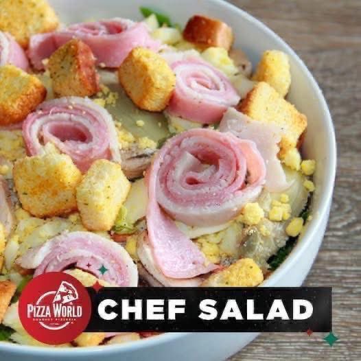 PizzaWorldGC's tweet image. Pizza World's Chef Salad showcases Artichoke Hearts, Carrots, Croutons, Cucumbers, Eggs, Ham, Mozzarella, Mushrooms, Parmesan, Tomatoes, and Turkey. 618-451-1111 
pizzaworldonline.com 
Download our free app!  
#pizza #pasta #salad #subs #wings #dessert #businessin62040