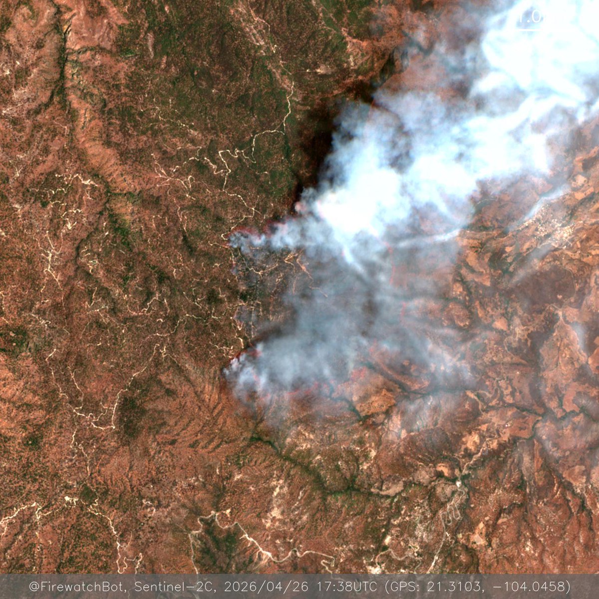 firewatchbot's tweet photo. Fire detected from #Sentinel2

🗺 Place: La Yesca, Nayarit, #Mexico
🕛 Date: 2026/04/26 17:38UTC

View location: https://t.co/ZOwOmvy1K7 (21.3103, -104.0458) https://t.co/FscU2yz2zE
