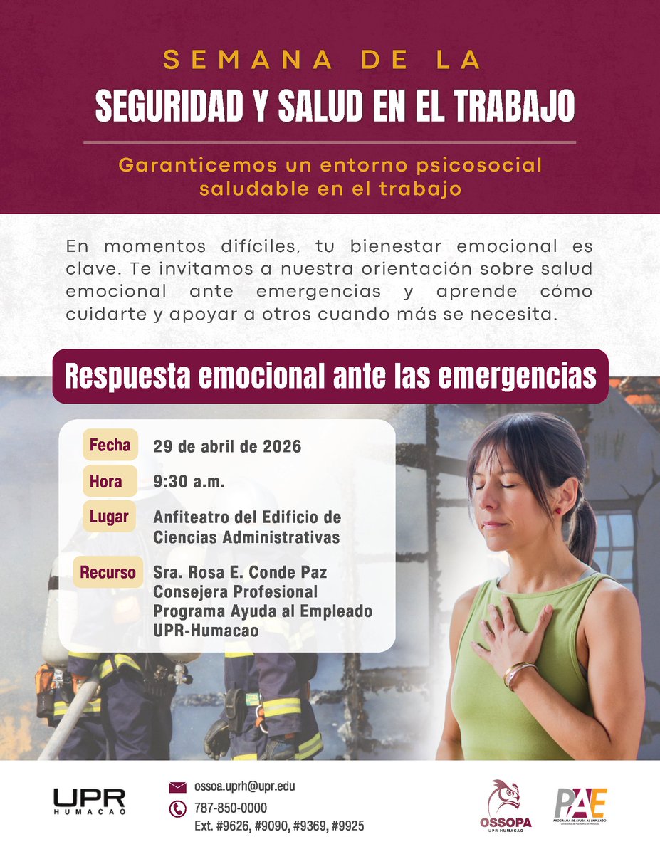 UPRHComunica's tweet image. UPR en Humacao conmemorará el Día Mundial de la Seguridad y Salud en el Trabajo con conferencia sobre bienestar psicosocial uprh.edu/upr-en-humacao… 

@UPR_Oficial #UPRH